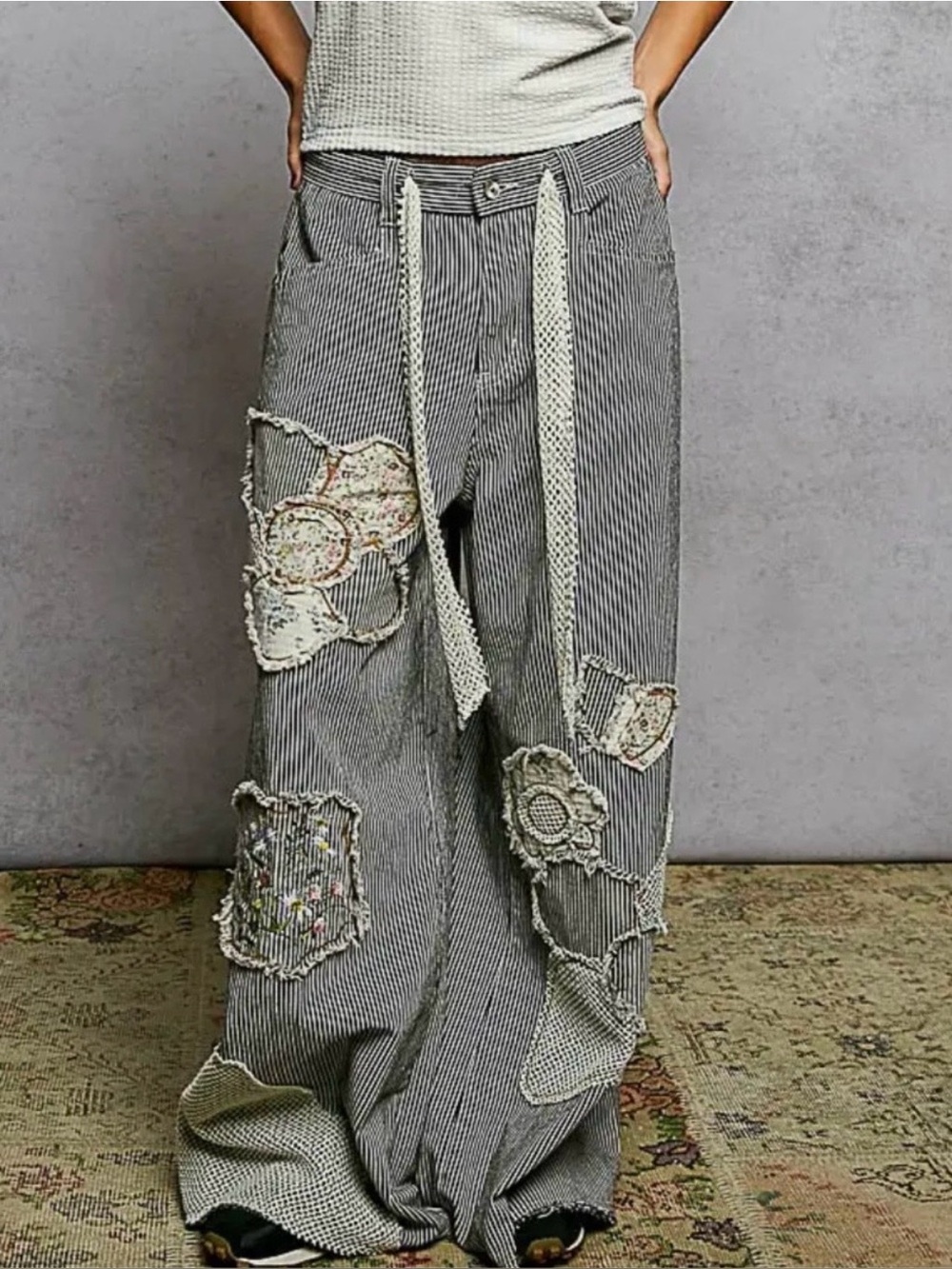NWT POL Boho Patchwork Striped Wide-Leg Pants Jeans in Black & White